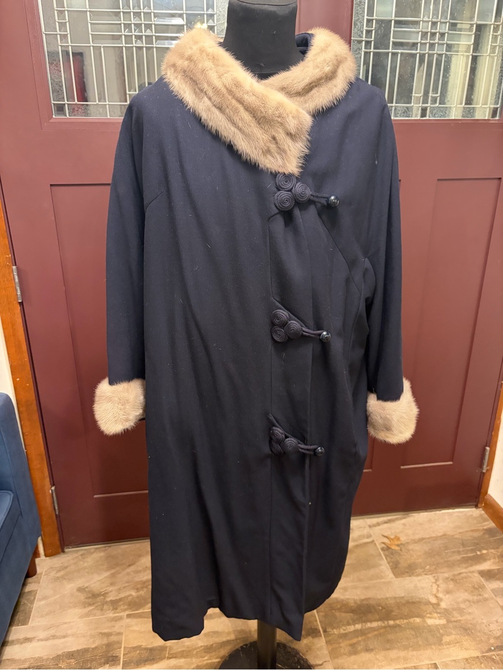 Vintage Navy Blue Wool Coat with Mink Fur Trim and Frog Closures